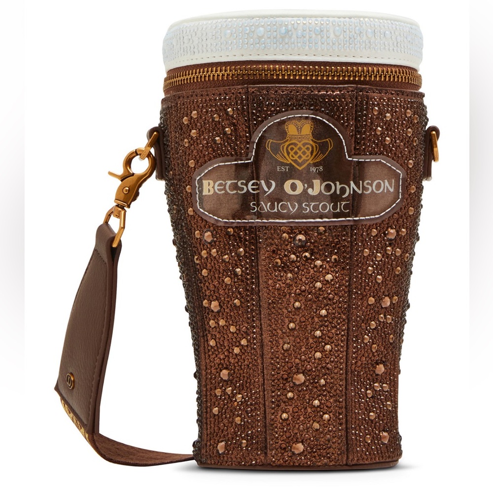 New Betsey Johnson Kitsch Saucy Stout Rhinestone Embellished Brown Crossbody Bag